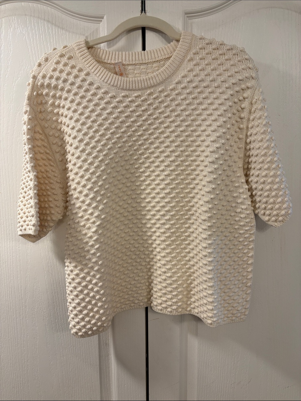 Tory Burch Cream Textured Short-Sleeve Crew Sweater